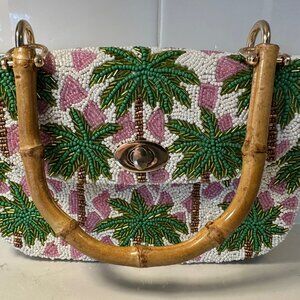 Tiana Tote Pink and Palm Tree Bamboo Handle Beaded Purse Handbag BRAND NEW